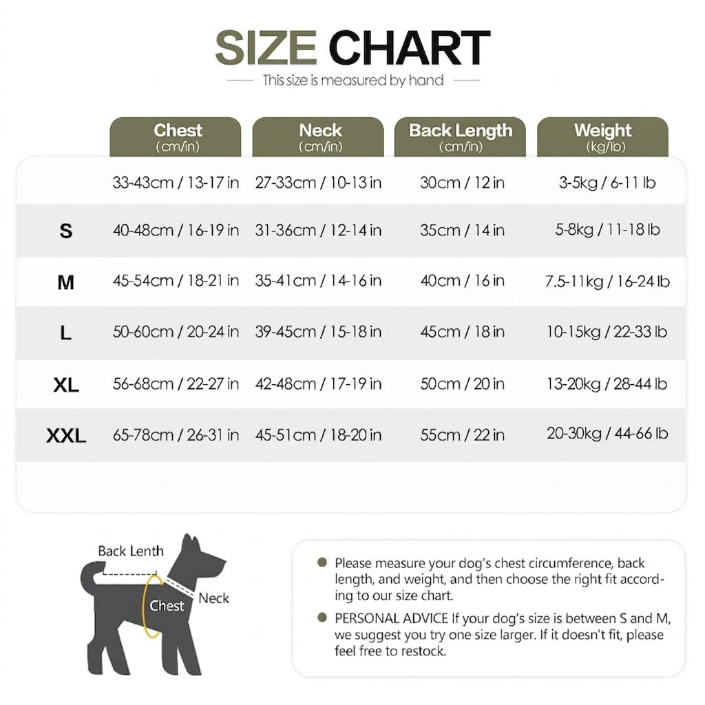 Dog anxiety vest size chart — small medium large XL XXL — chest neck measurements